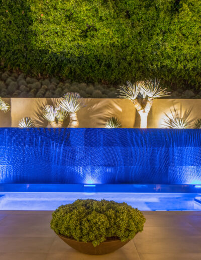 Illuminated outdoor garden with a blue waterfall feature and decorative plants at night.